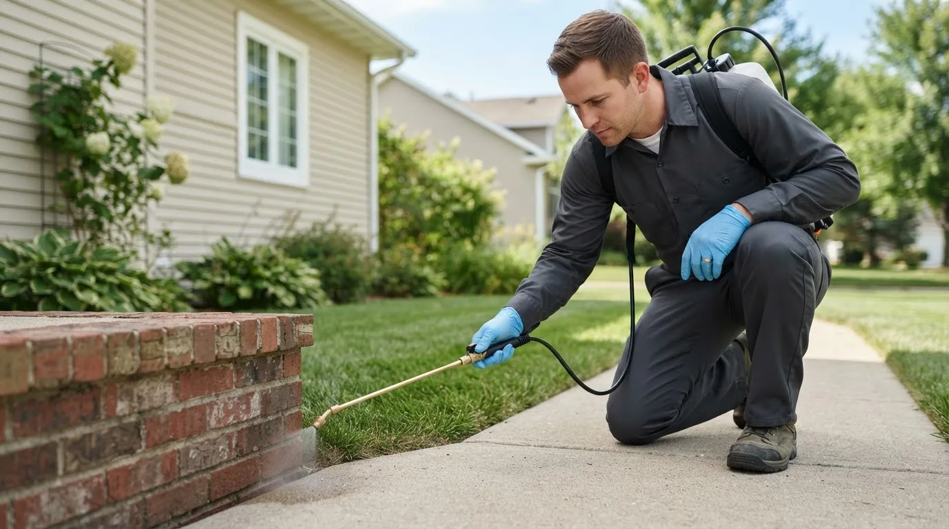Pest control technician treating a home near Plainfield, IL