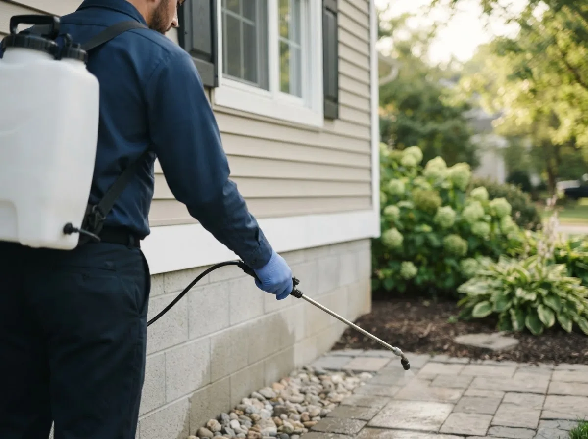 Pest control technician inspecting a home in Plainfield, IL